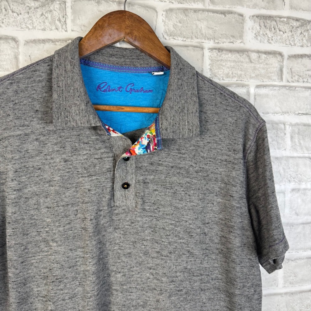 Robert Graham Mens Classic Fit Heather Dark Grey Cotton Modal Polo Shirt LARGE